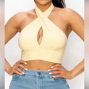 Brand New Summer‎ Yellow Halter Crop Top Size L Twist Detail Keyhole Front